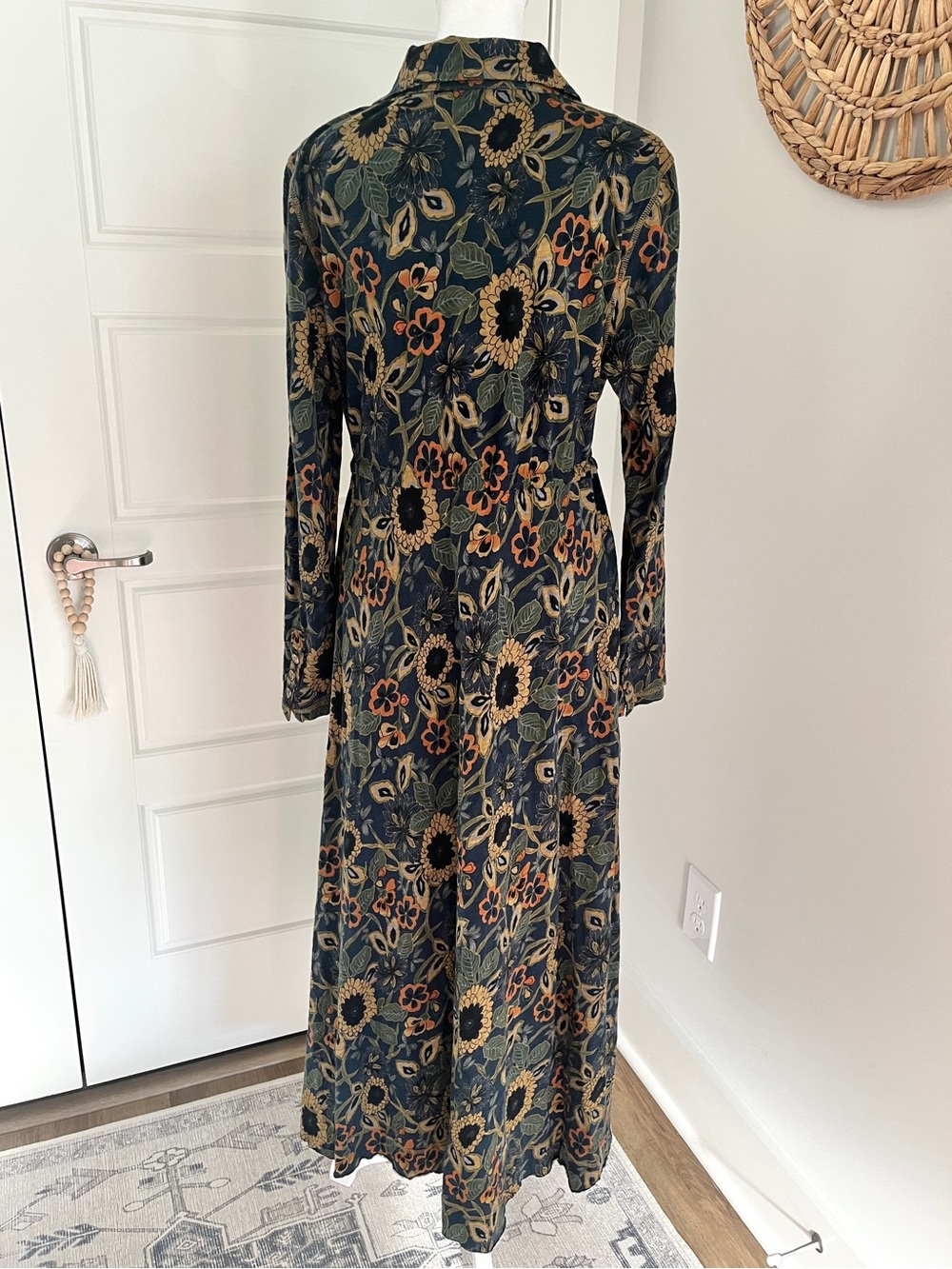 NATURAL LIFE Christa Cotton Midi Dress Navy Tan Dahlias, Button-Front (S) - Picture 3 of 7